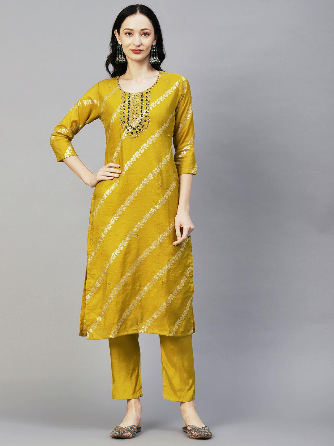 Woven Zari Floral Jacquard Zardozi Embroidered Kurta With Pants & Sequined Dupatta - Mustard - Indiakreations