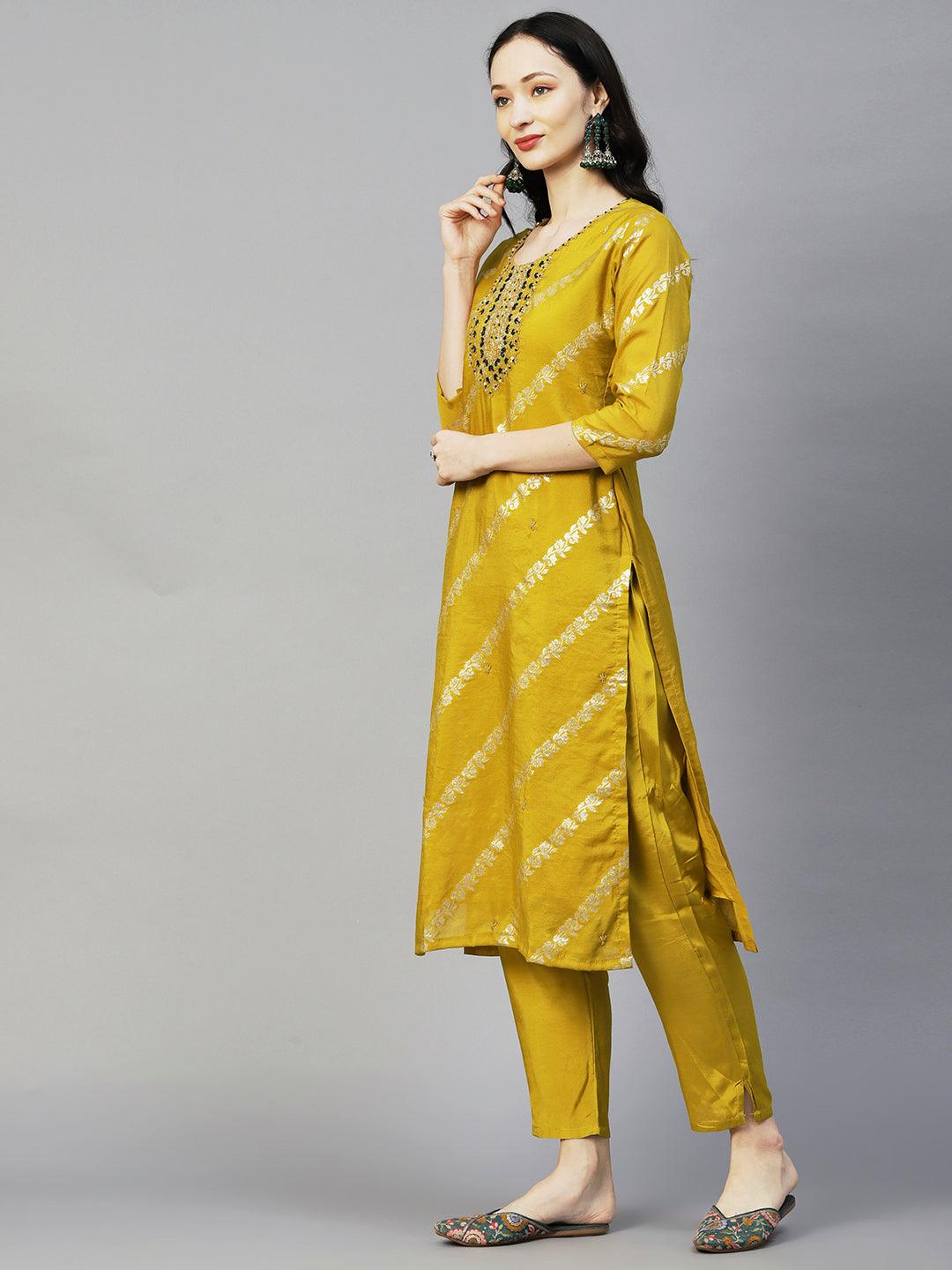 Woven Zari Floral Jacquard Zardozi Embroidered Kurta With Pants & Sequined Dupatta - Mustard - Indiakreations