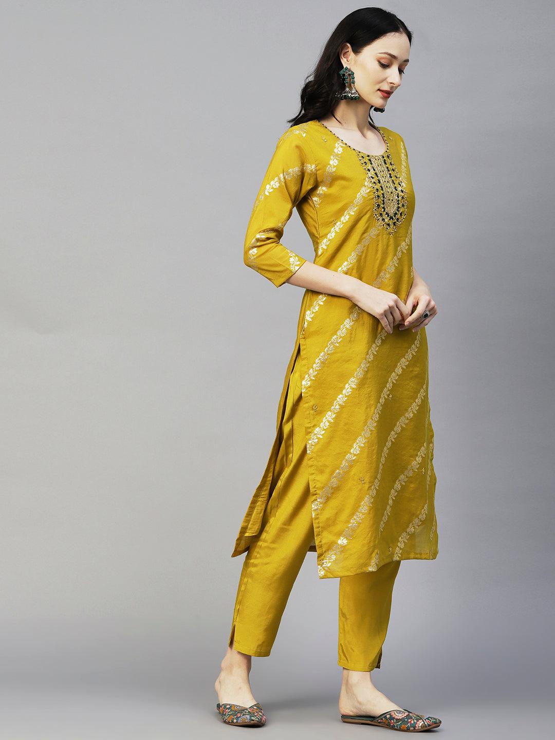 Woven Zari Floral Jacquard Zardozi Embroidered Kurta With Pants & Sequined Dupatta - Mustard - Indiakreations