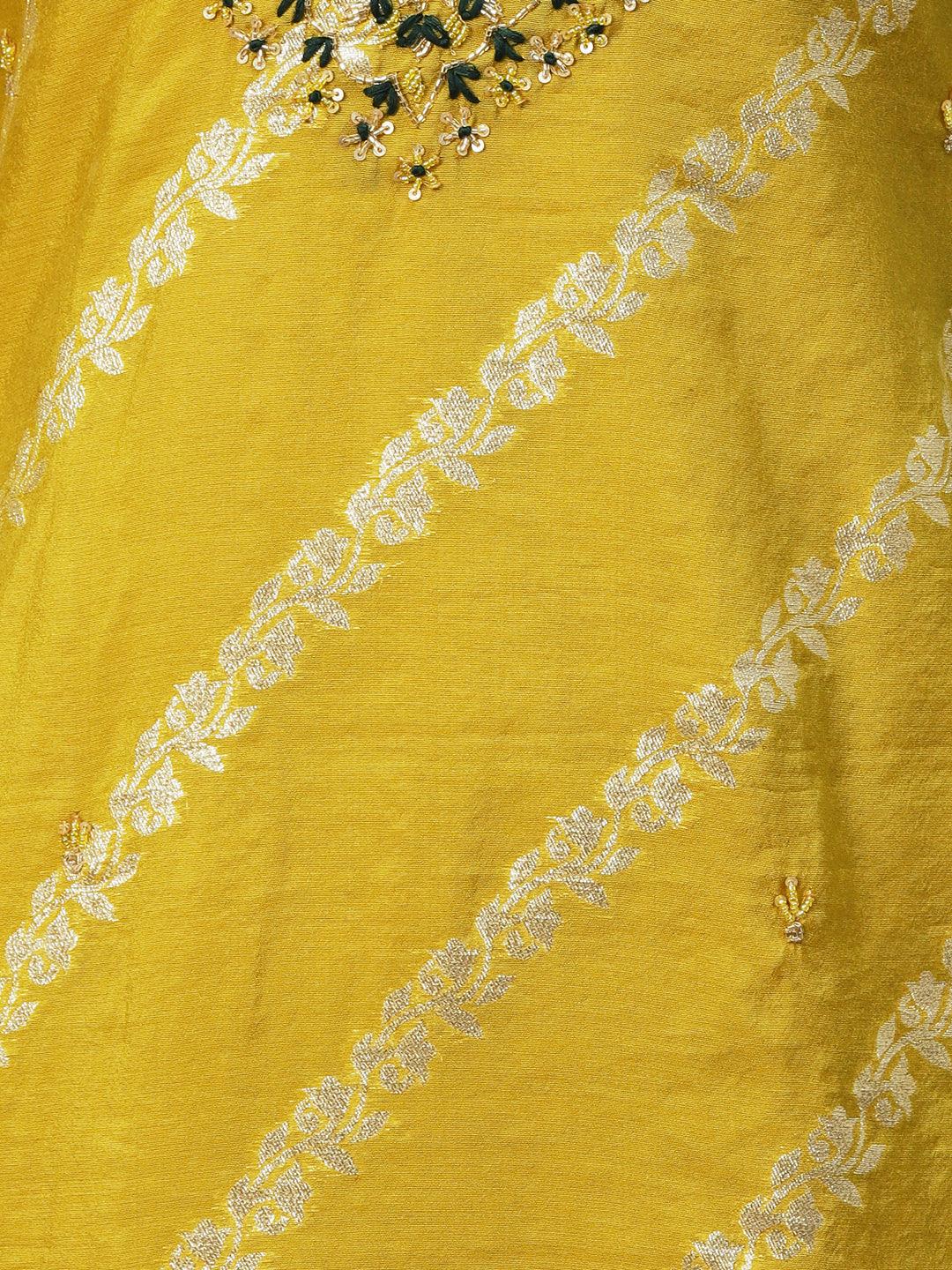 Woven Zari Floral Jacquard Zardozi Embroidered Kurta With Pants & Sequined Dupatta - Mustard - Indiakreations