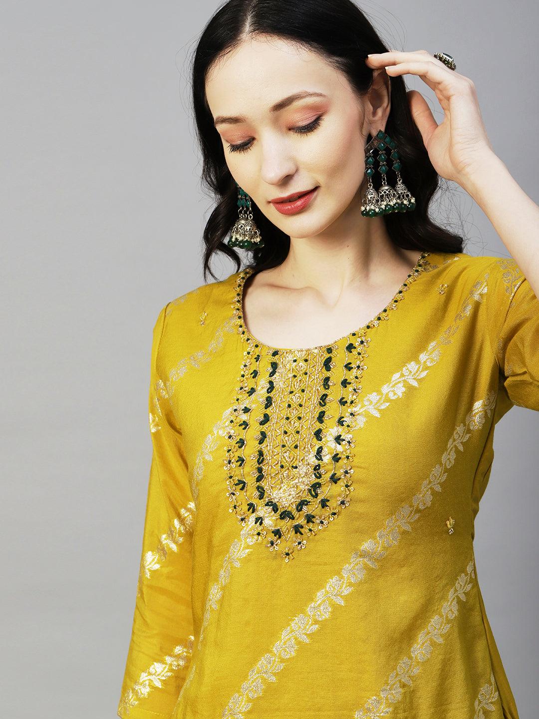 Woven Zari Floral Jacquard Zardozi Embroidered Kurta With Pants & Sequined Dupatta - Mustard - Indiakreations