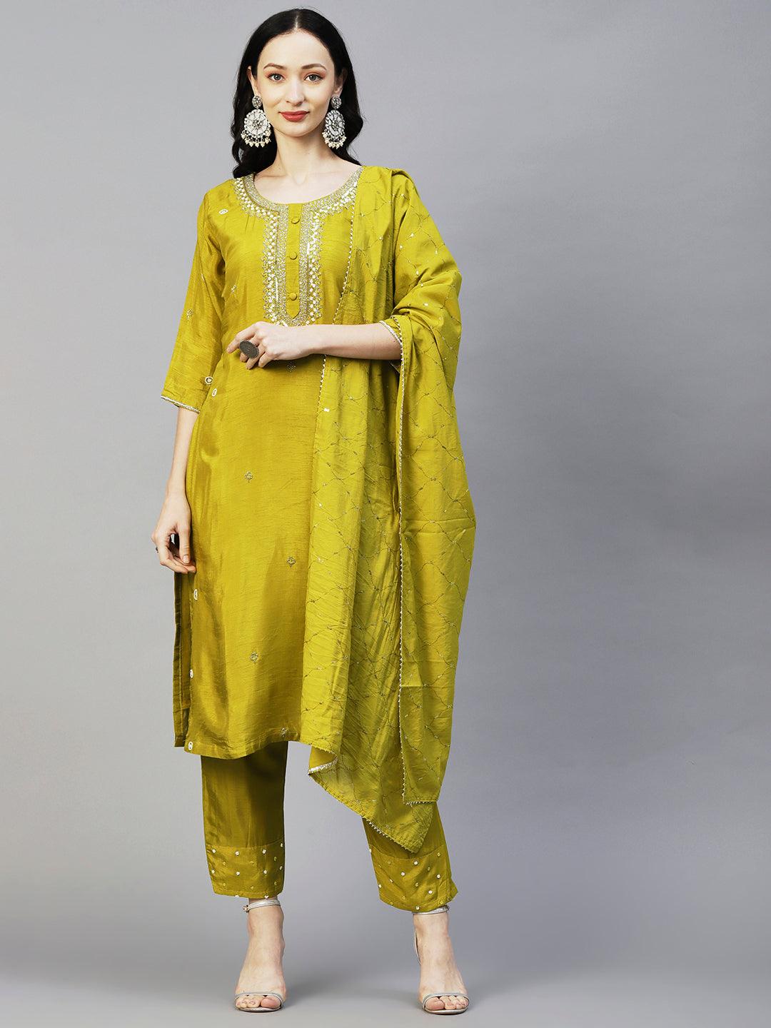 Woven Zari Floral Jacquard Zardozi Embroidered Kurta With Pants & Sequined Dupatta - Mustard - Indiakreations