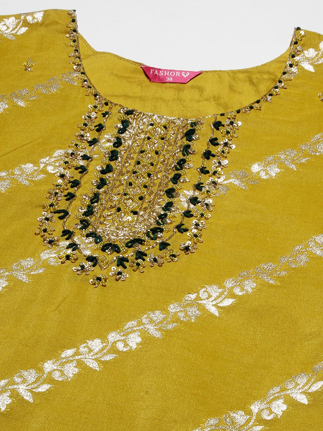 Woven Zari Floral Jacquard Zardozi Embroidered Kurta With Pants & Sequined Dupatta - Mustard - Indiakreations