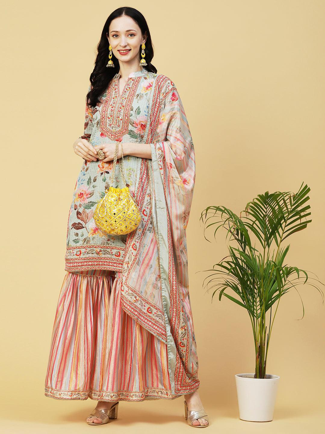 Abstract Floral Printed & Embroidered Straight Kurta with Sharara & Dupatta - Pastel Green - Indiakreations