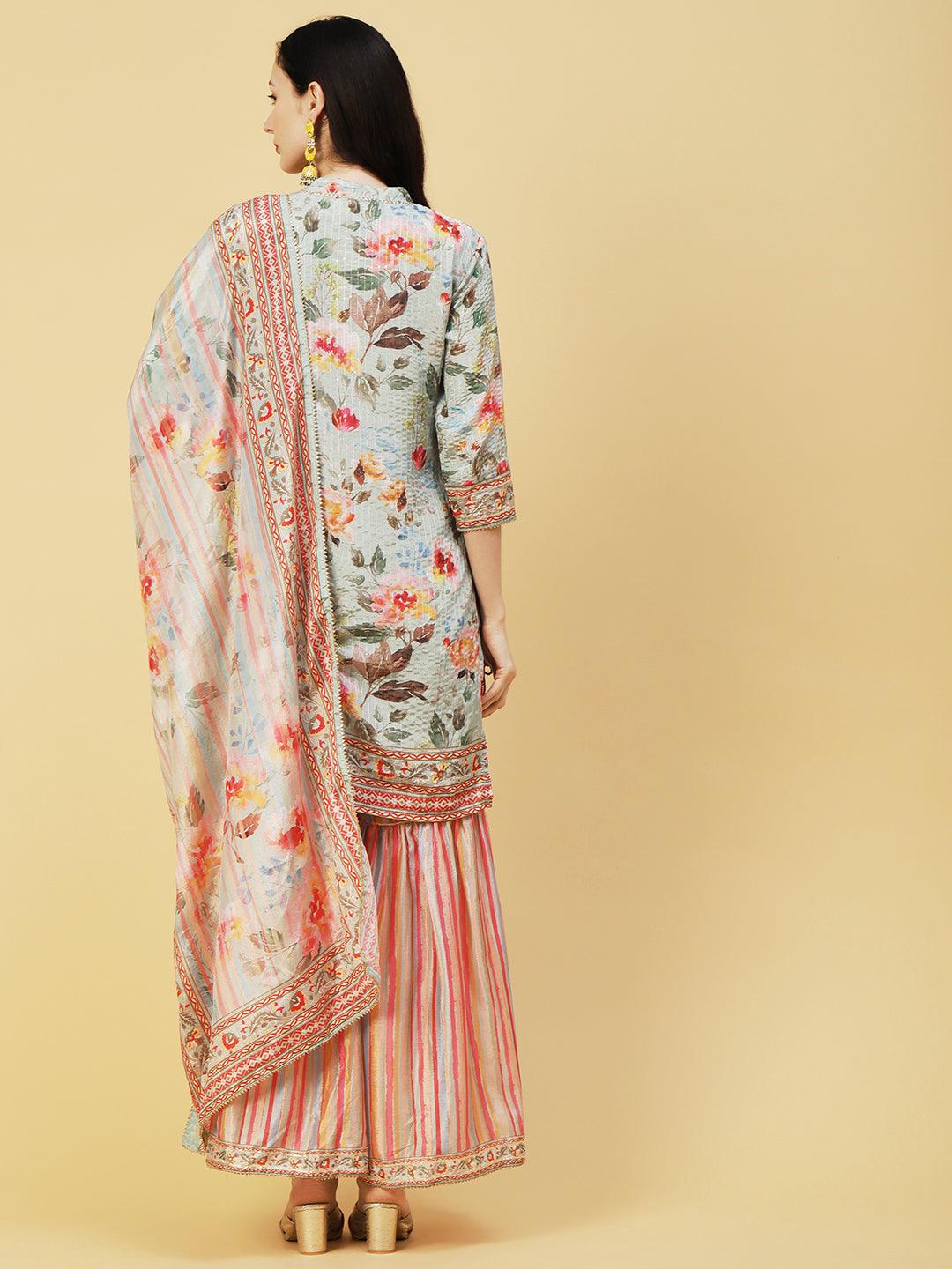 Abstract Floral Printed & Embroidered Straight Kurta with Sharara & Dupatta - Pastel Green - Indiakreations