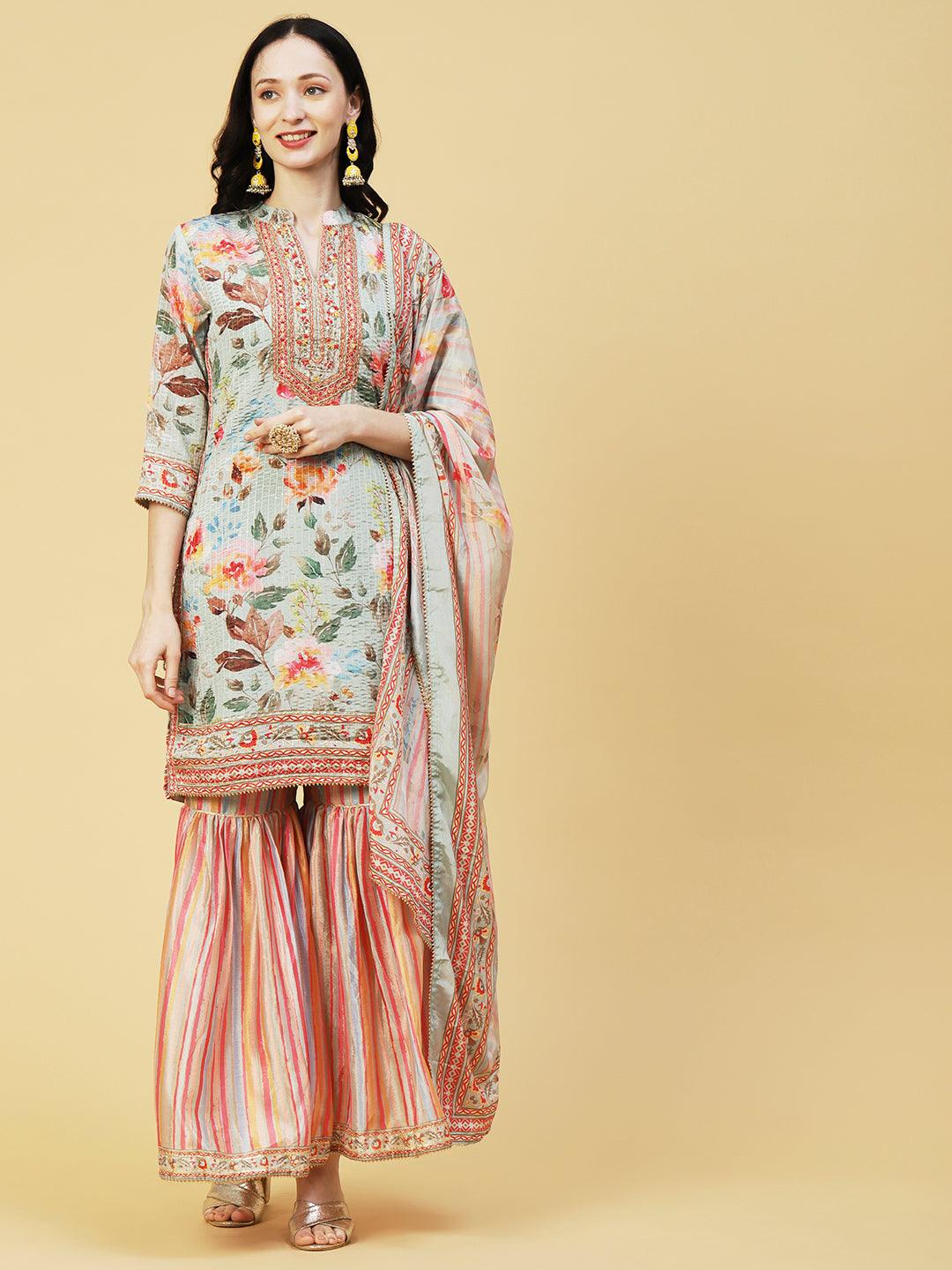 Abstract Floral Printed & Embroidered Straight Kurta with Sharara & Dupatta - Pastel Green - Indiakreations