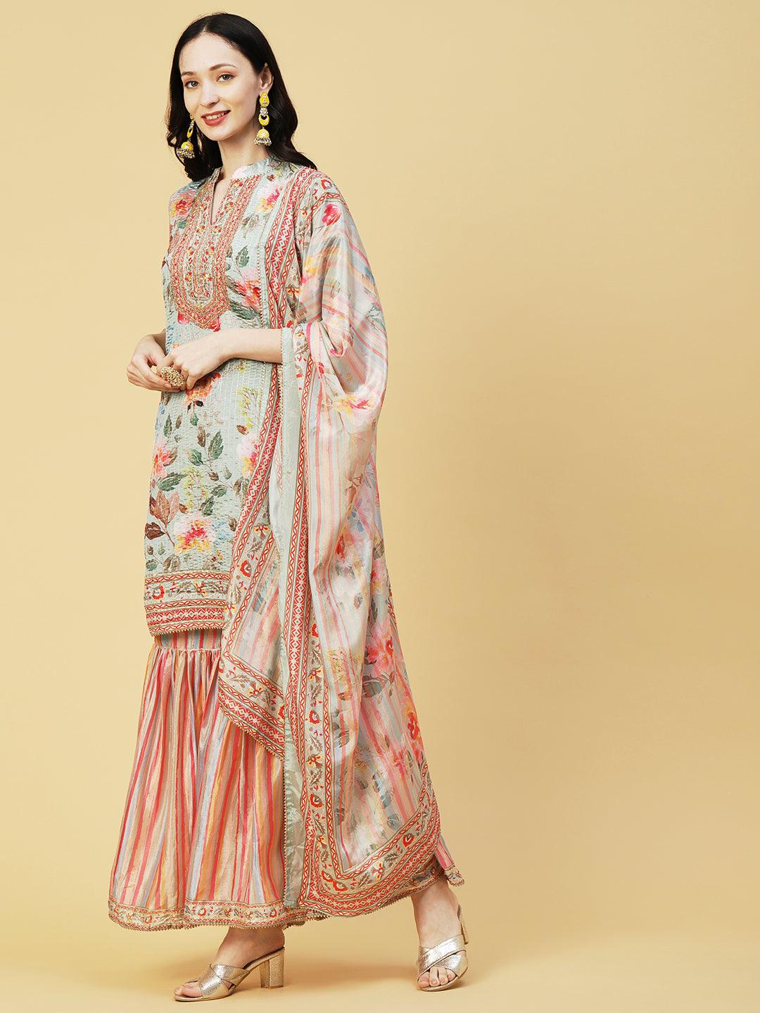 Abstract Floral Printed & Embroidered Straight Kurta with Sharara & Dupatta - Pastel Green - Indiakreations