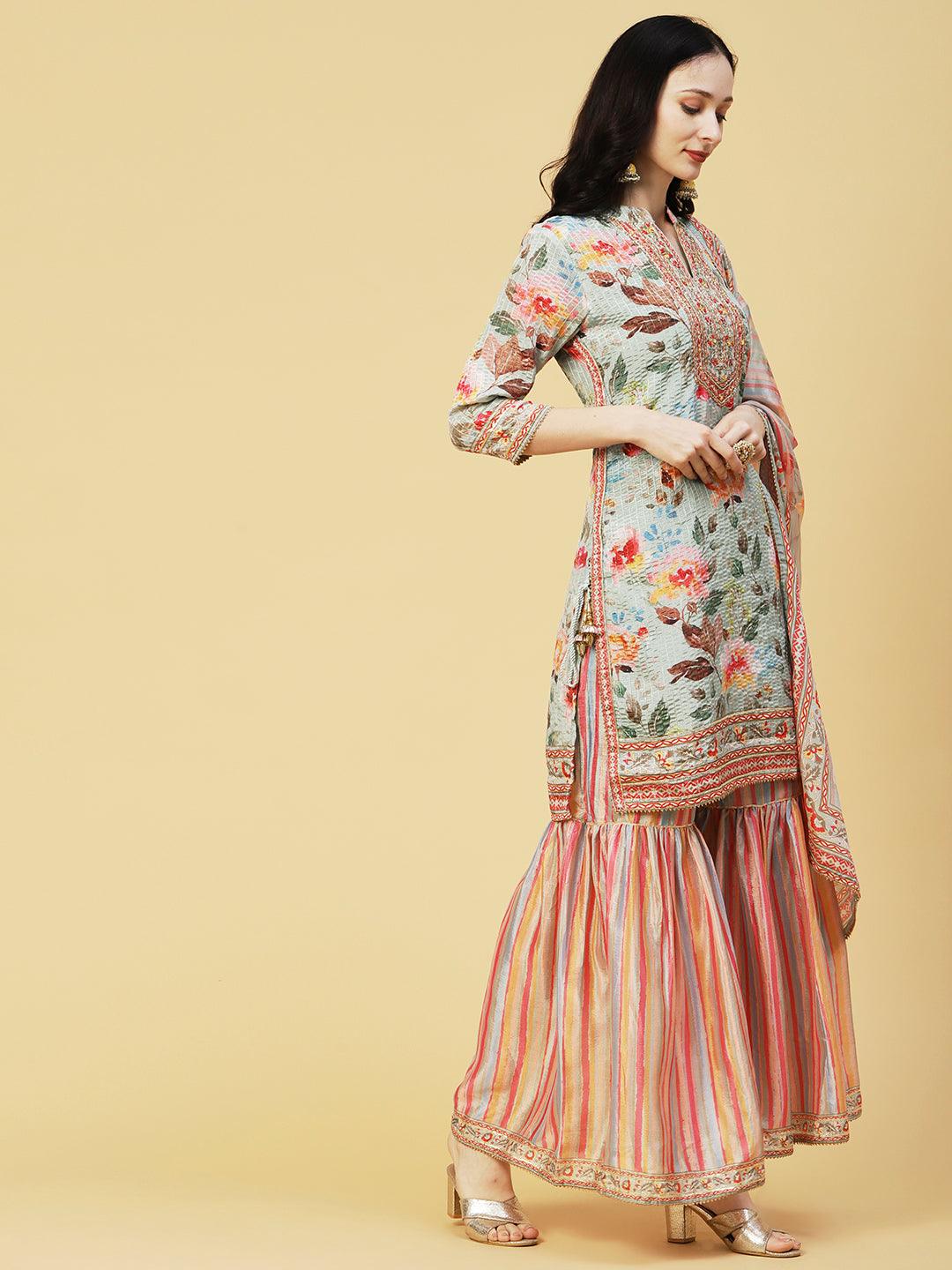 Abstract Floral Printed & Embroidered Straight Kurta with Sharara & Dupatta - Pastel Green - Indiakreations