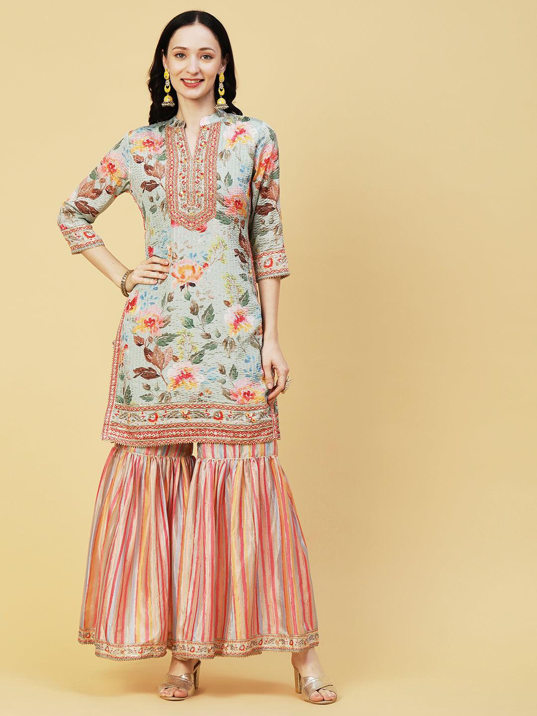 Abstract Floral Printed & Embroidered Straight Kurta with Sharara & Dupatta - Pastel Green - Indiakreations