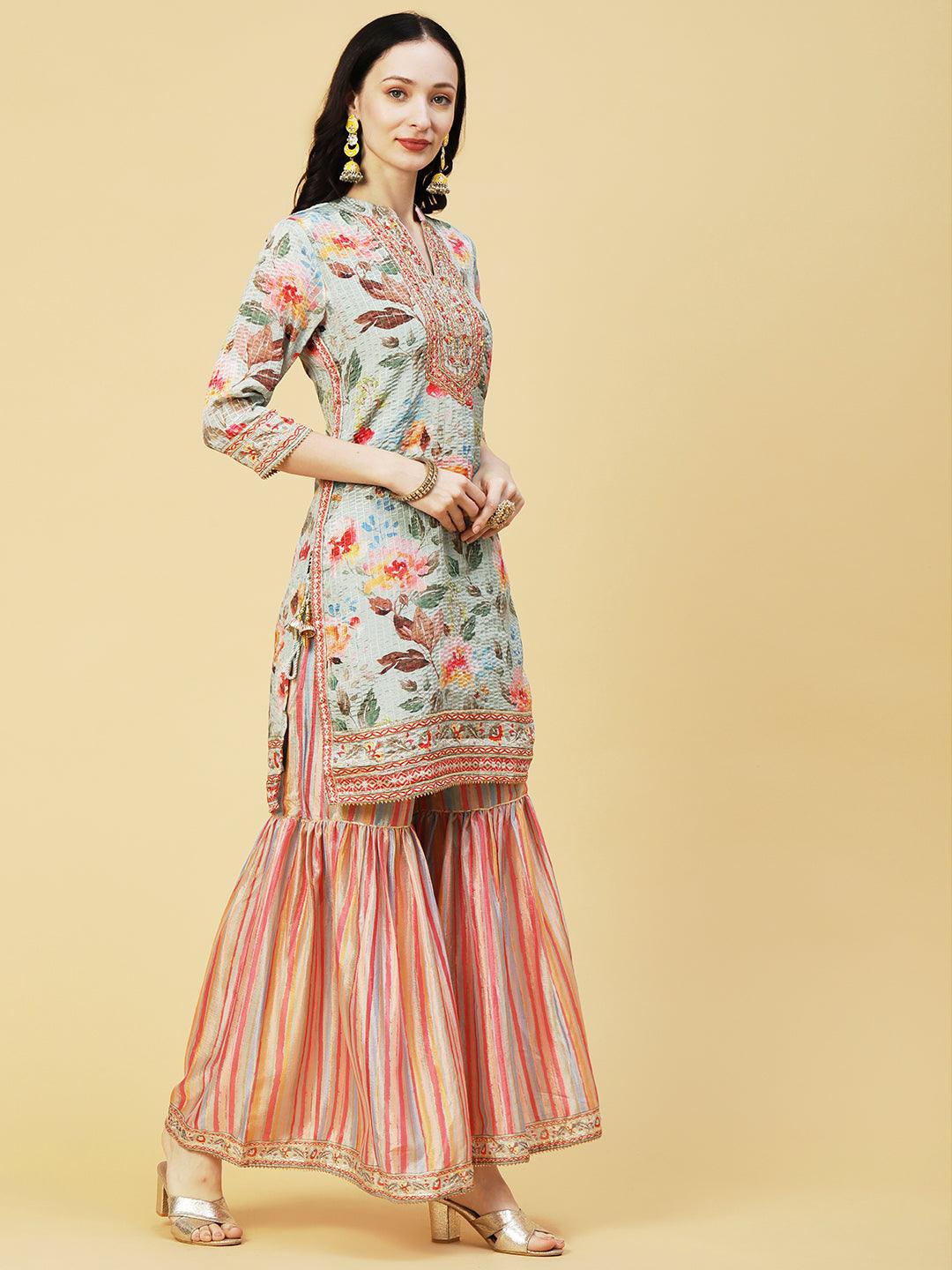 Abstract Floral Printed & Embroidered Straight Kurta with Sharara & Dupatta - Pastel Green - Indiakreations