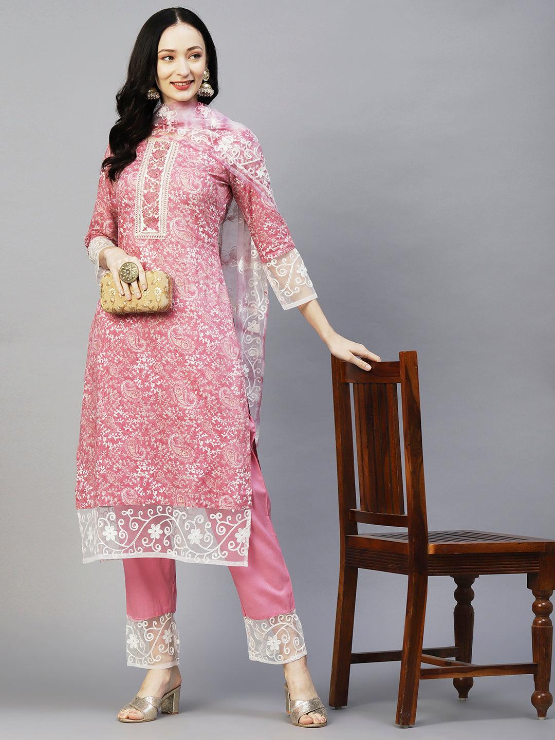 Ethnic Printed Resham & Zari Embroidered Kurta With Pants & Resham Aari Work Dupatta - Pink - Indiakreations