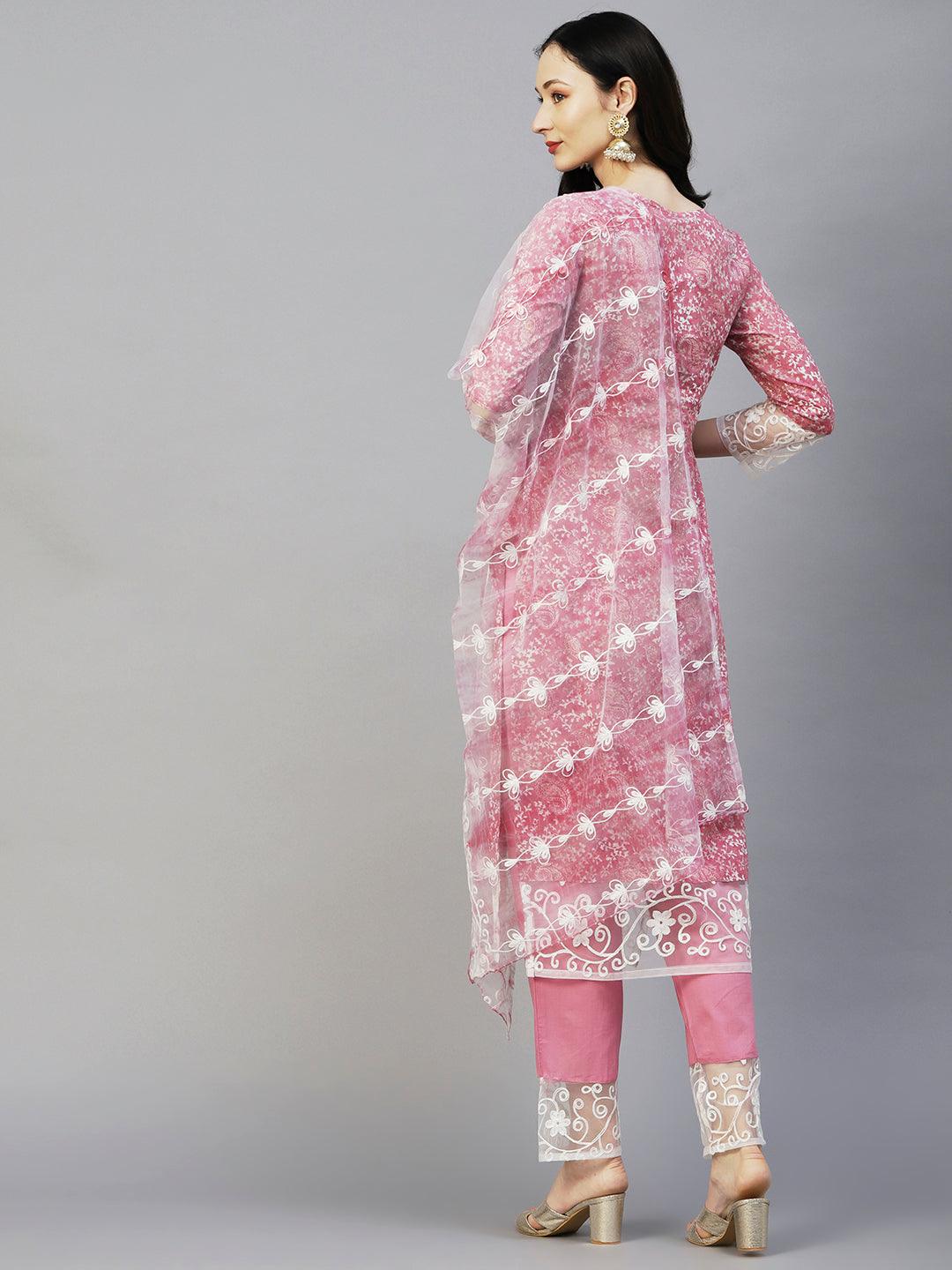 Ethnic Printed Resham & Zari Embroidered Kurta With Pants & Resham Aari Work Dupatta - Pink - Indiakreations