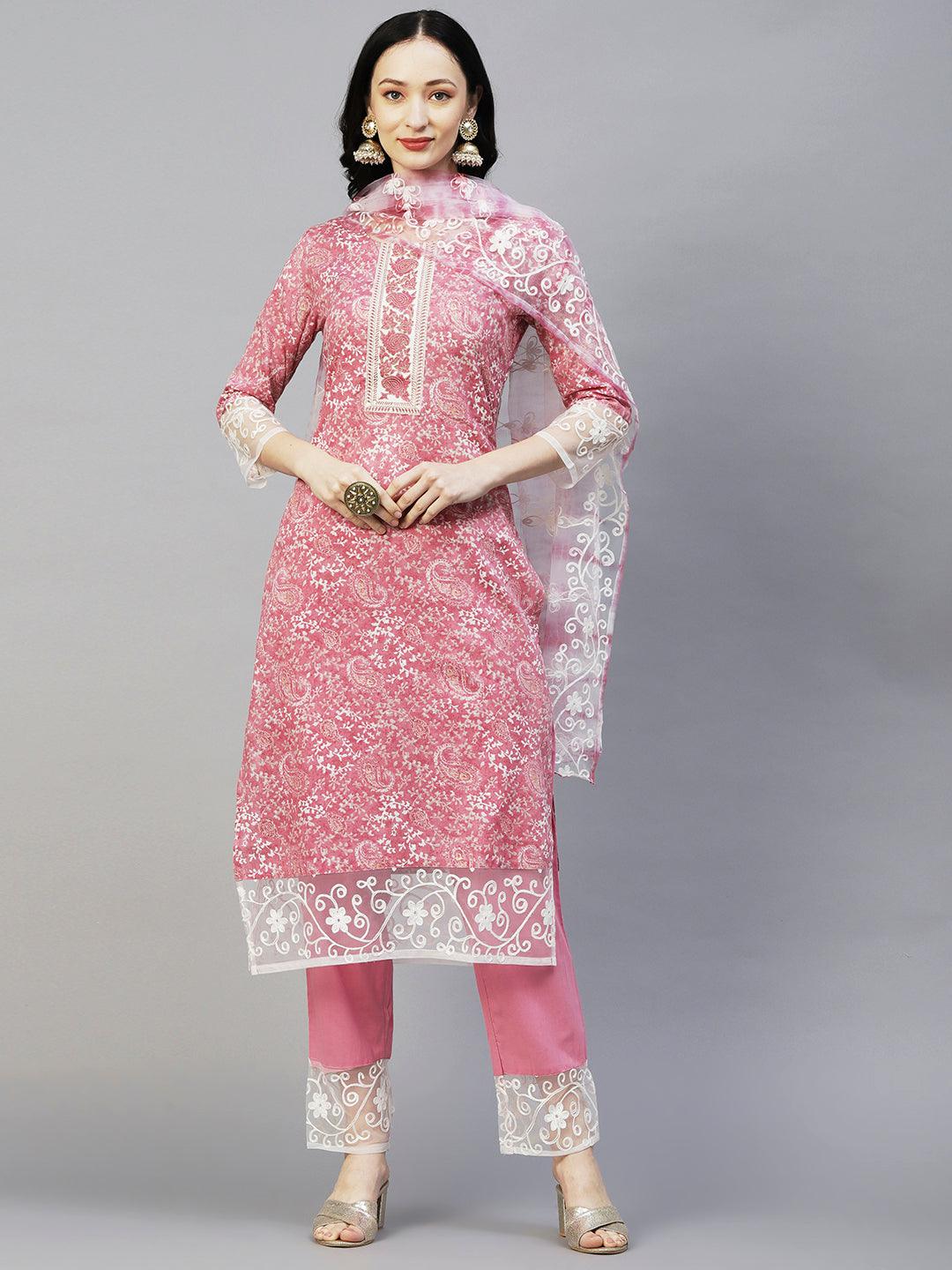 Ethnic Printed Resham & Zari Embroidered Kurta With Pants & Resham Aari Work Dupatta - Pink - Indiakreations