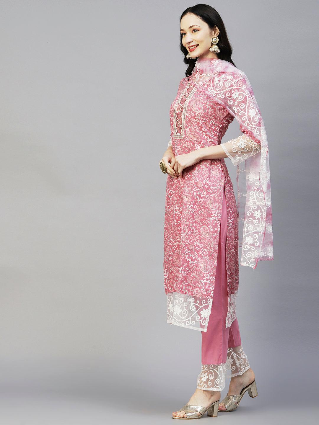 Ethnic Printed Resham & Zari Embroidered Kurta With Pants & Resham Aari Work Dupatta - Pink - Indiakreations