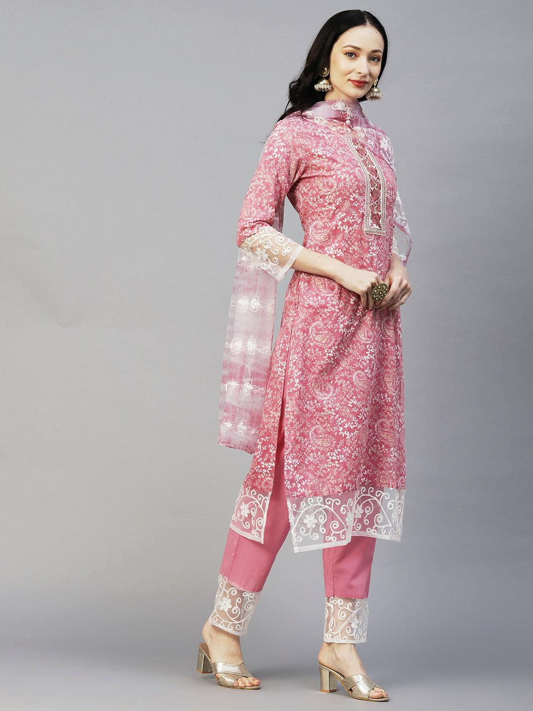 Ethnic Printed Resham & Zari Embroidered Kurta With Pants & Resham Aari Work Dupatta - Pink - Indiakreations