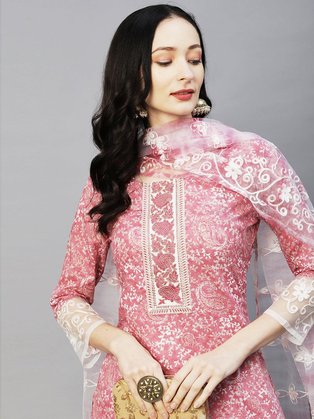 Ethnic Printed Resham & Zari Embroidered Kurta With Pants & Resham Aari Work Dupatta - Pink - Indiakreations