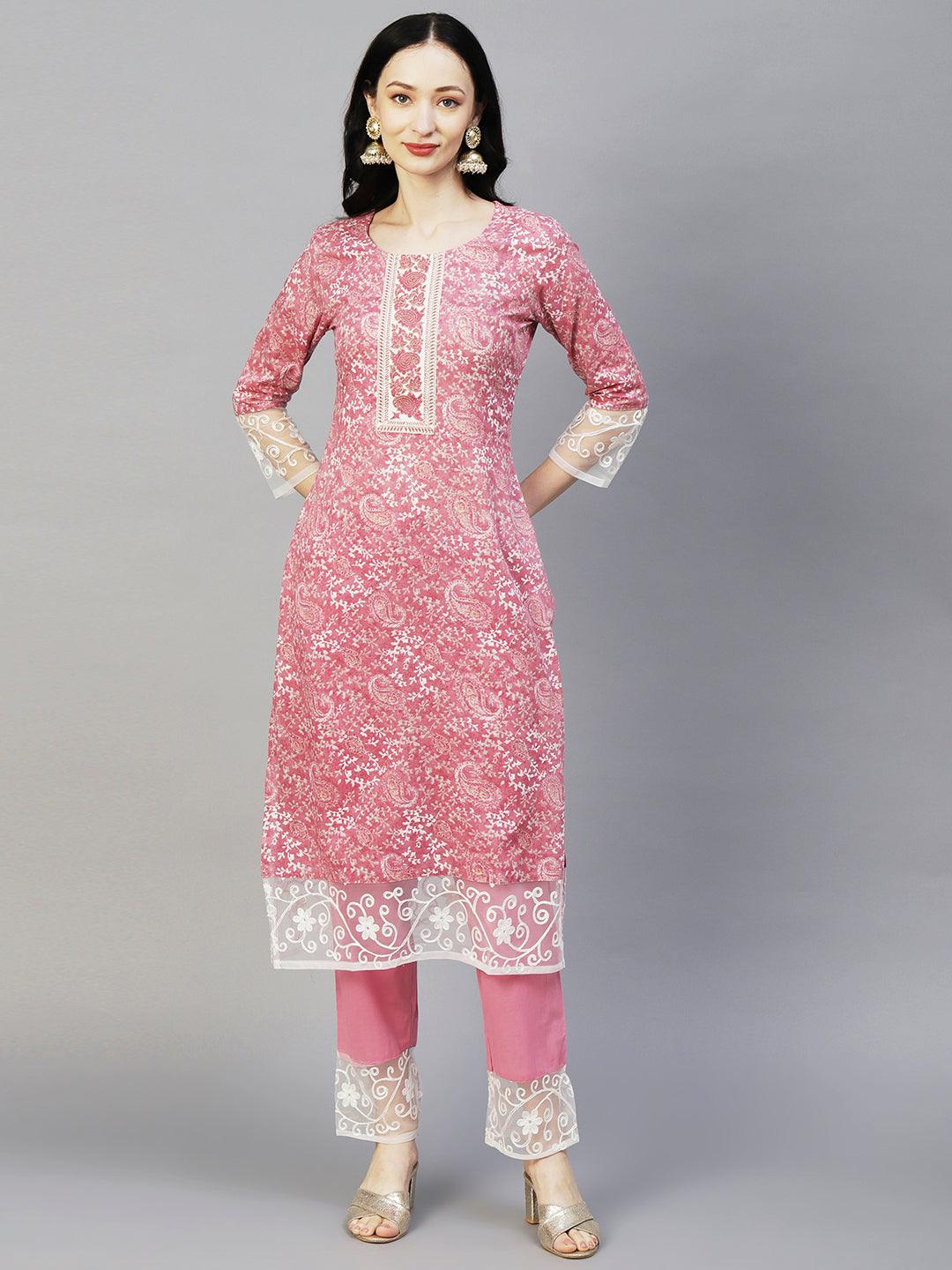 Ethnic Printed Resham & Zari Embroidered Kurta With Pants & Resham Aari Work Dupatta - Pink - Indiakreations