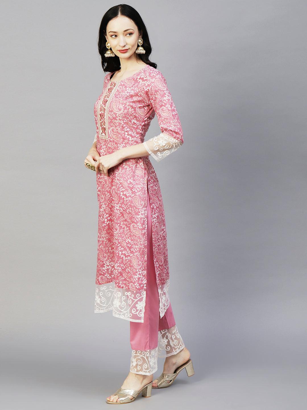 Ethnic Printed Resham & Zari Embroidered Kurta With Pants & Resham Aari Work Dupatta - Pink - Indiakreations