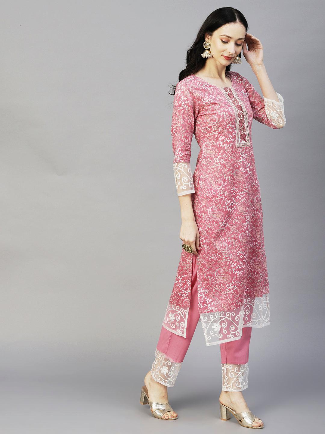 Ethnic Printed Resham & Zari Embroidered Kurta With Pants & Resham Aari Work Dupatta - Pink - Indiakreations