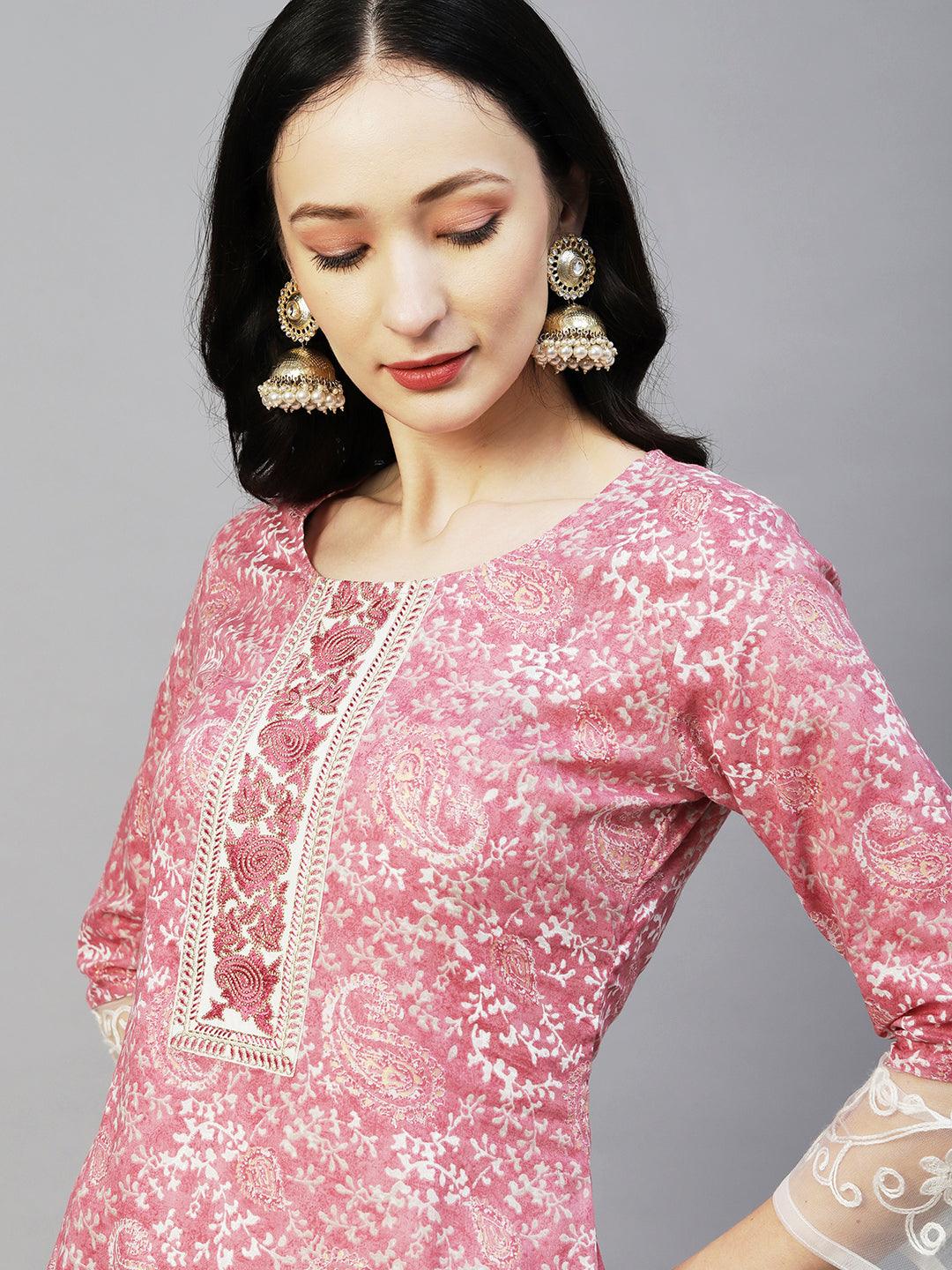 Ethnic Printed Resham & Zari Embroidered Kurta With Pants & Resham Aari Work Dupatta - Pink - Indiakreations