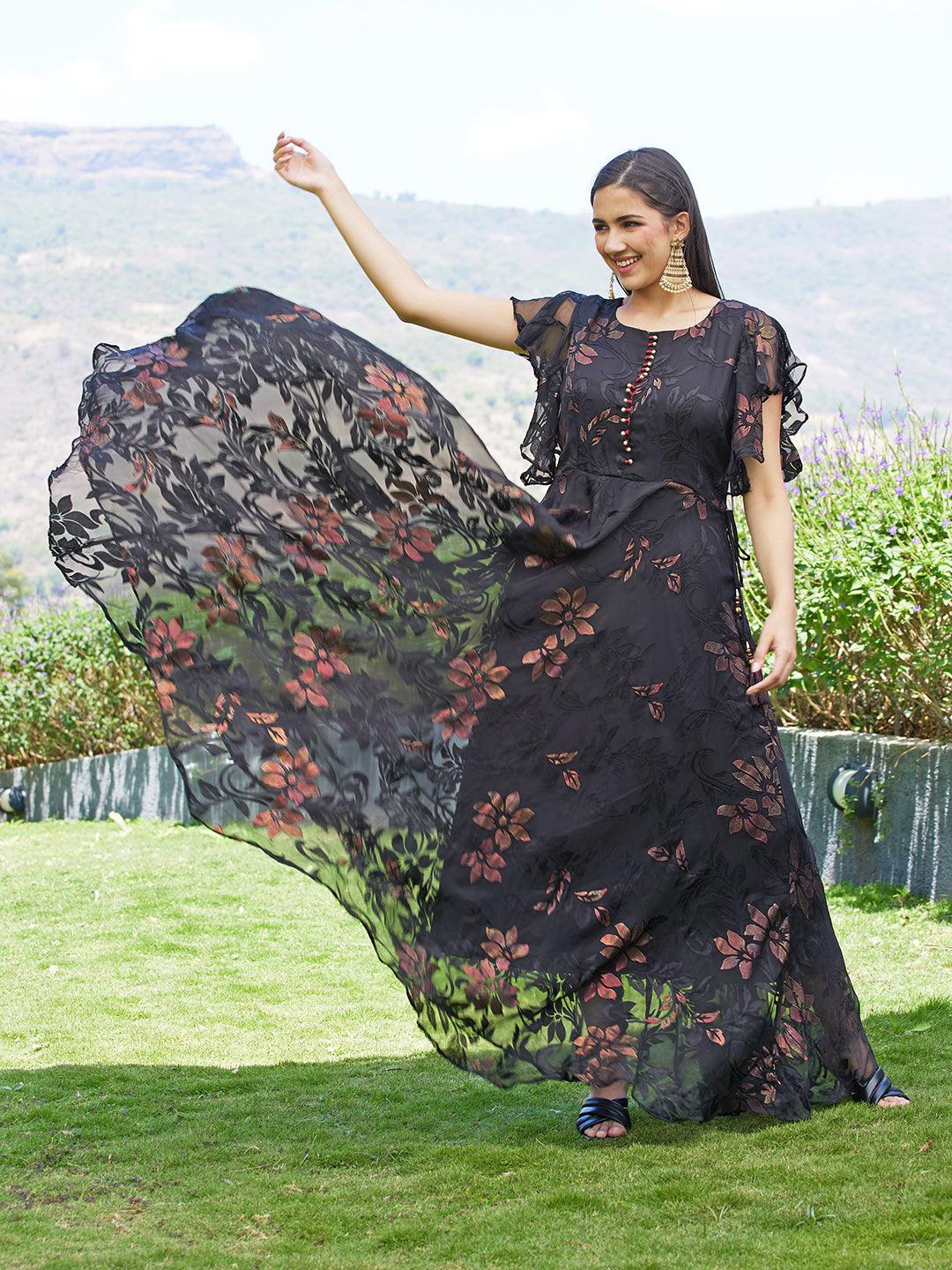 Floral Printed Flared Maxi Dress - Black - Indiakreations