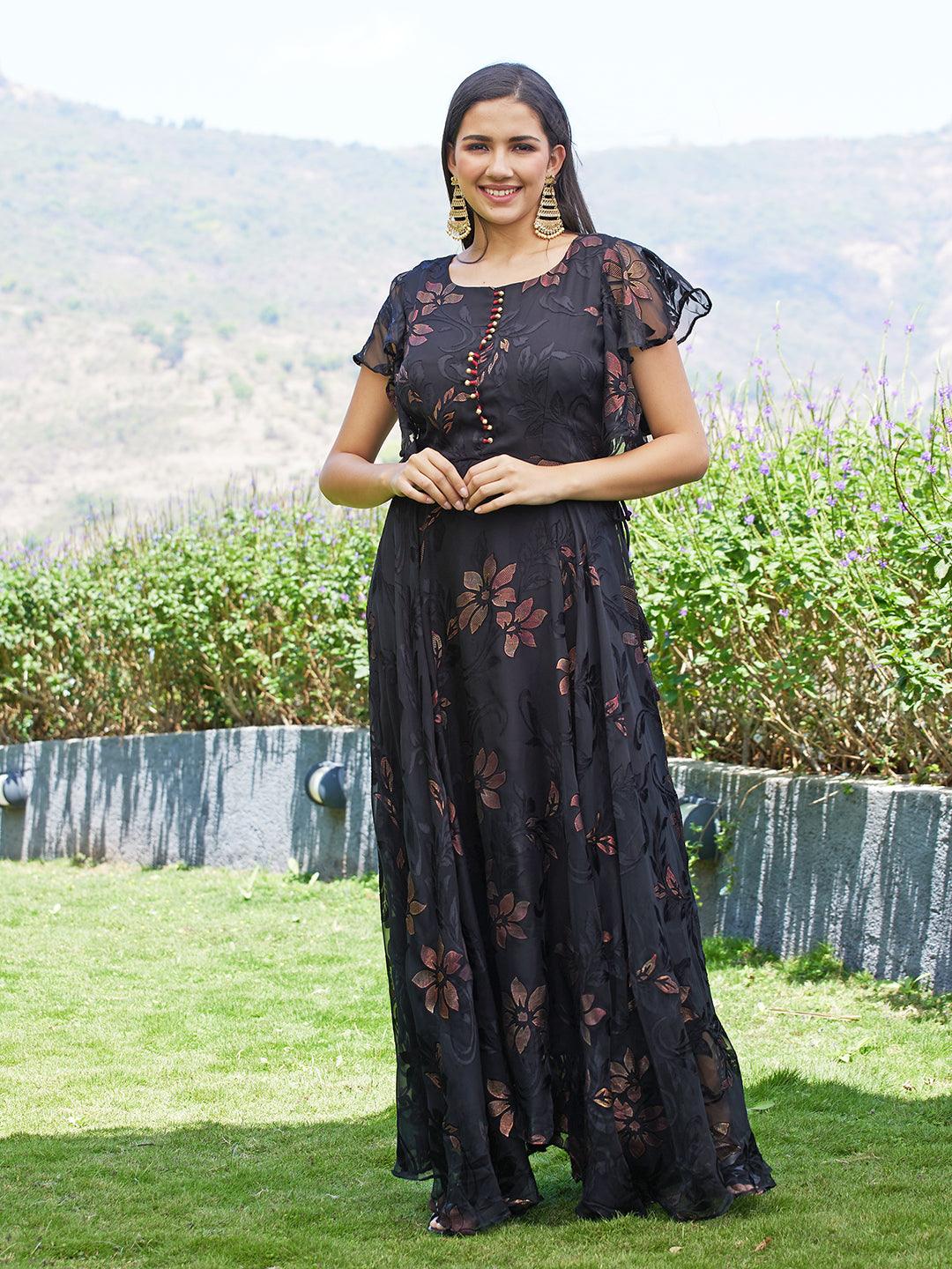 Floral Printed Flared Maxi Dress - Black - Indiakreations