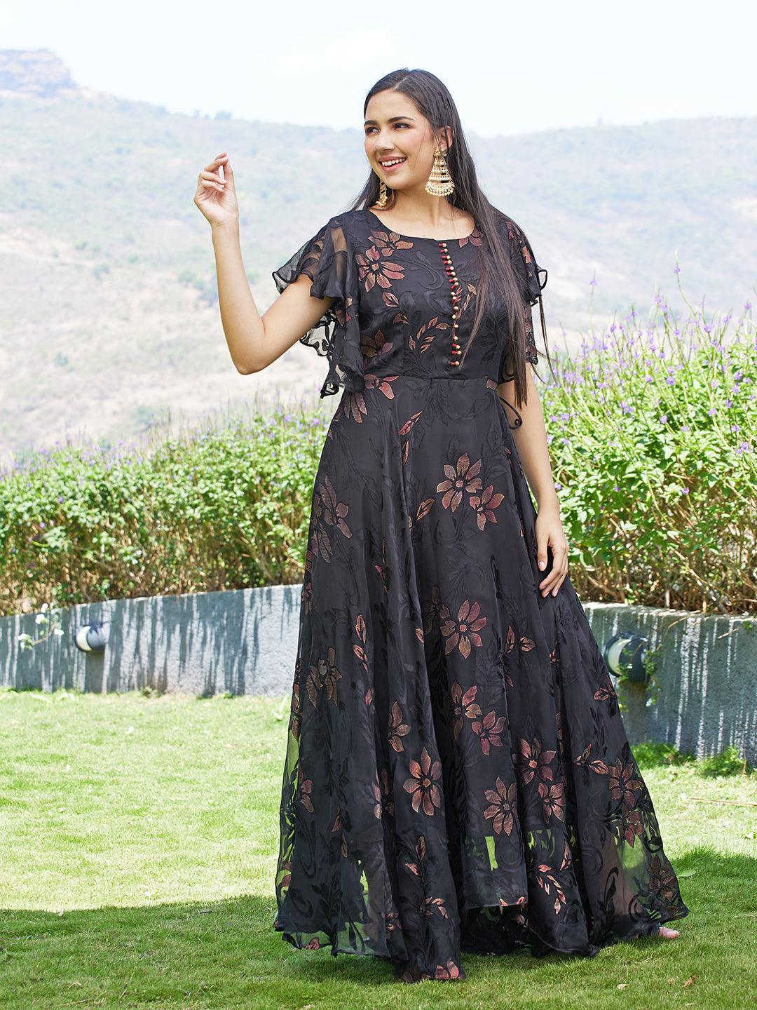 Floral Printed Flared Maxi Dress - Black - Indiakreations