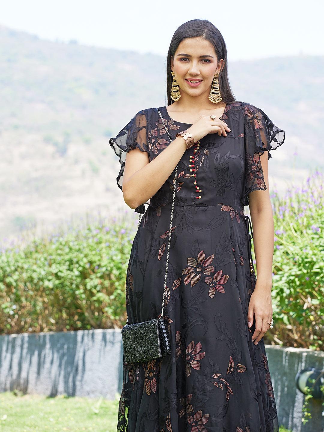 Floral Printed Flared Maxi Dress - Black - Indiakreations