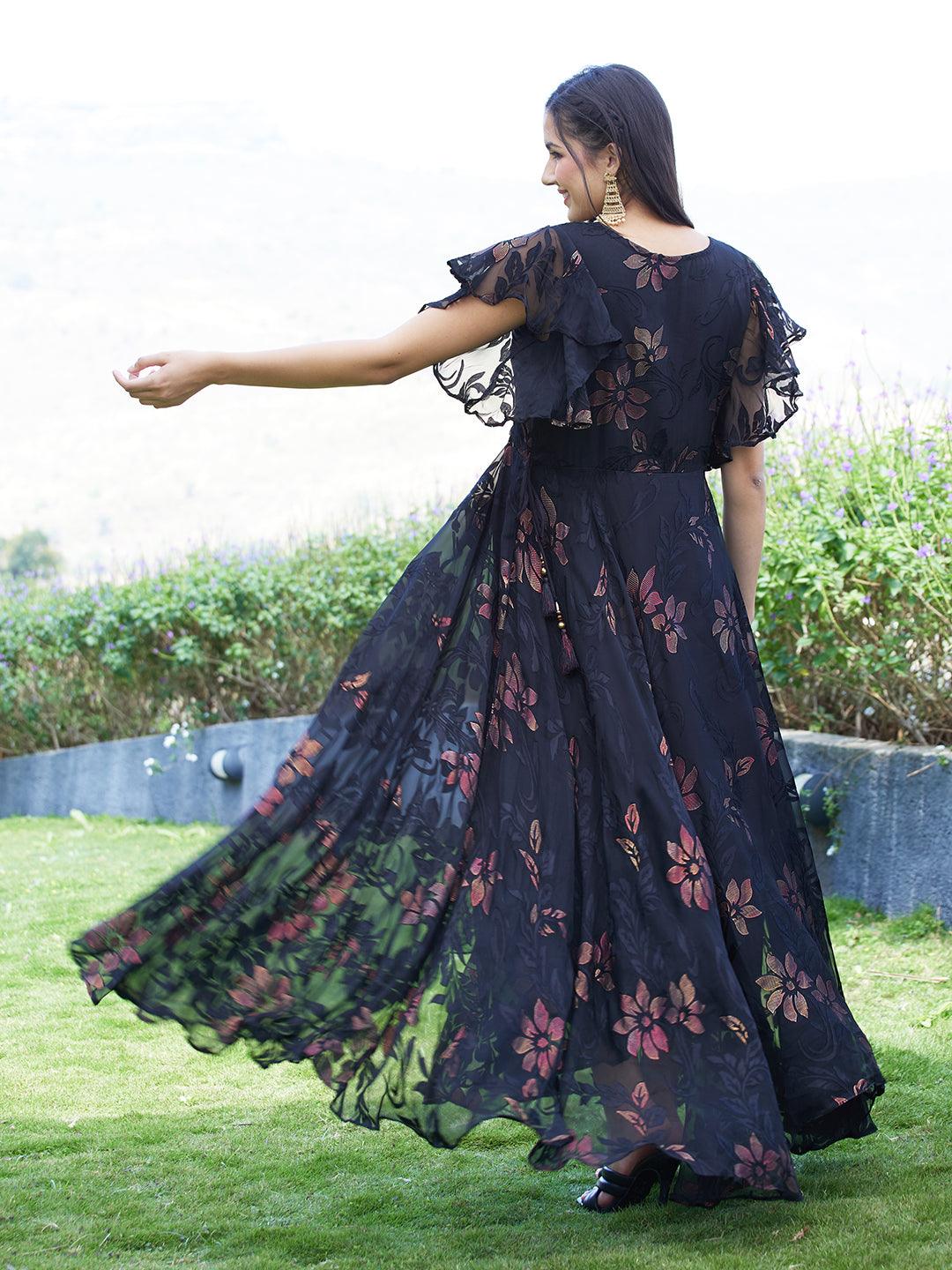 Floral Printed Flared Maxi Dress - Black - Indiakreations