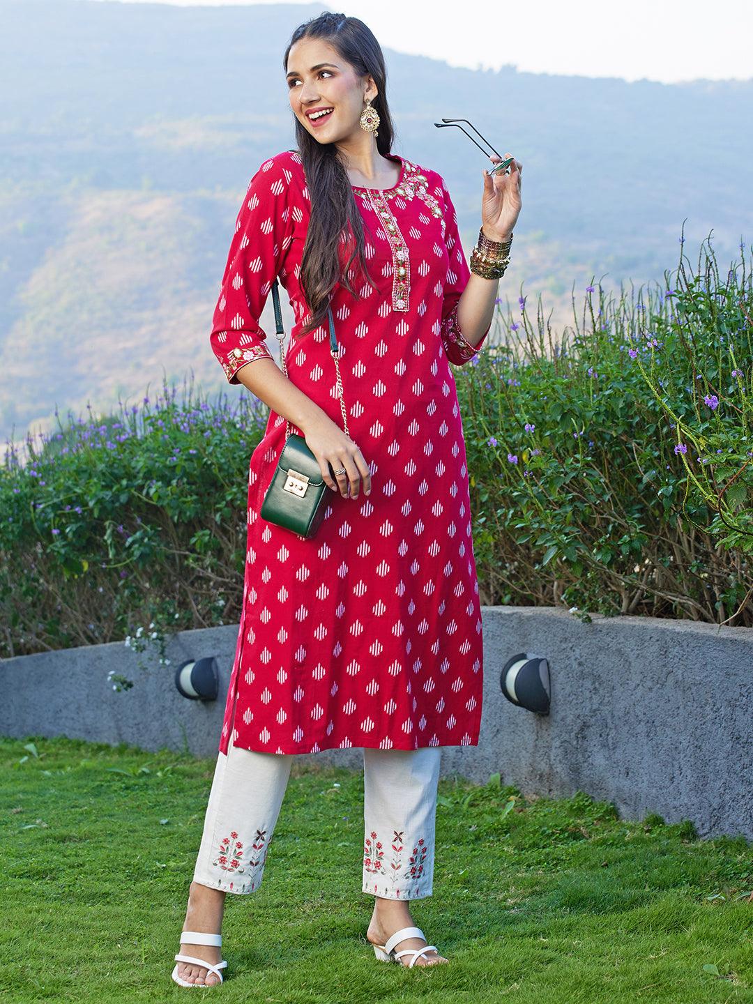 Ikat Printed & Floral Embroidered Straight Fit Kurta - Dark Red - Indiakreations