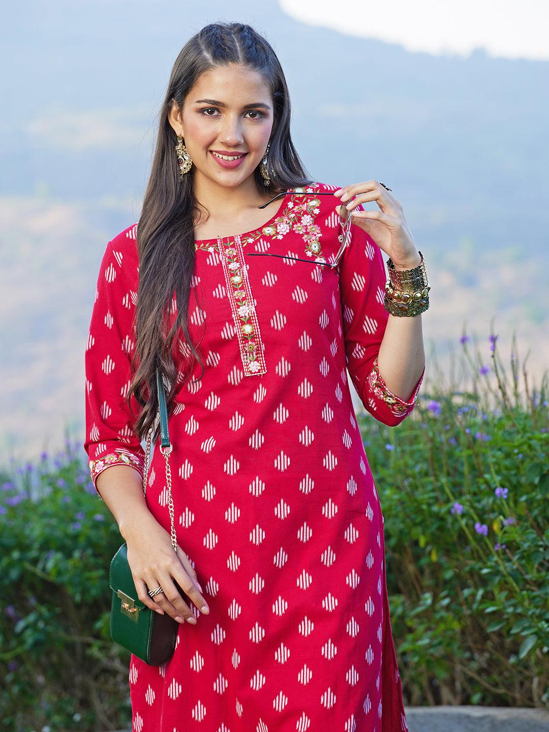 Ikat Printed & Floral Embroidered Straight Fit Kurta - Dark Red - Indiakreations