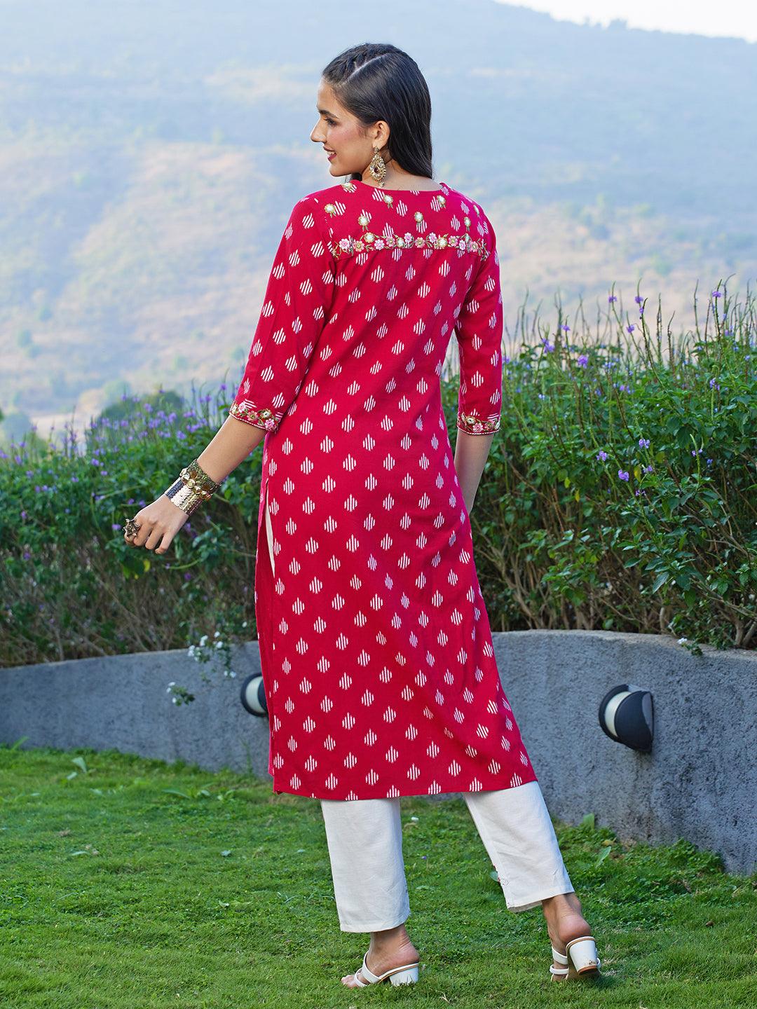 Ikat Printed & Floral Embroidered Straight Fit Kurta - Dark Red - Indiakreations