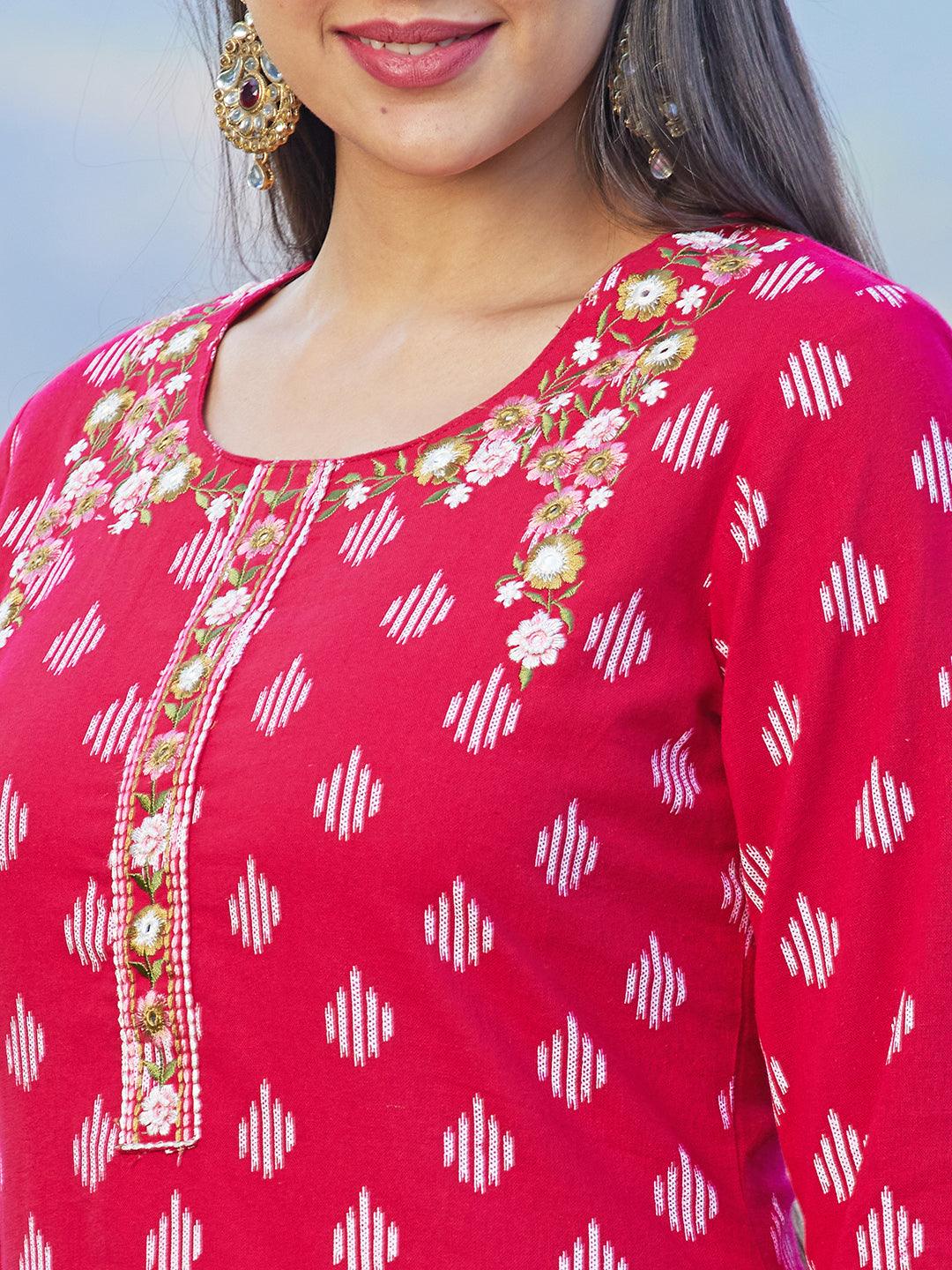 Ikat Printed & Floral Embroidered Straight Fit Kurta - Dark Red - Indiakreations