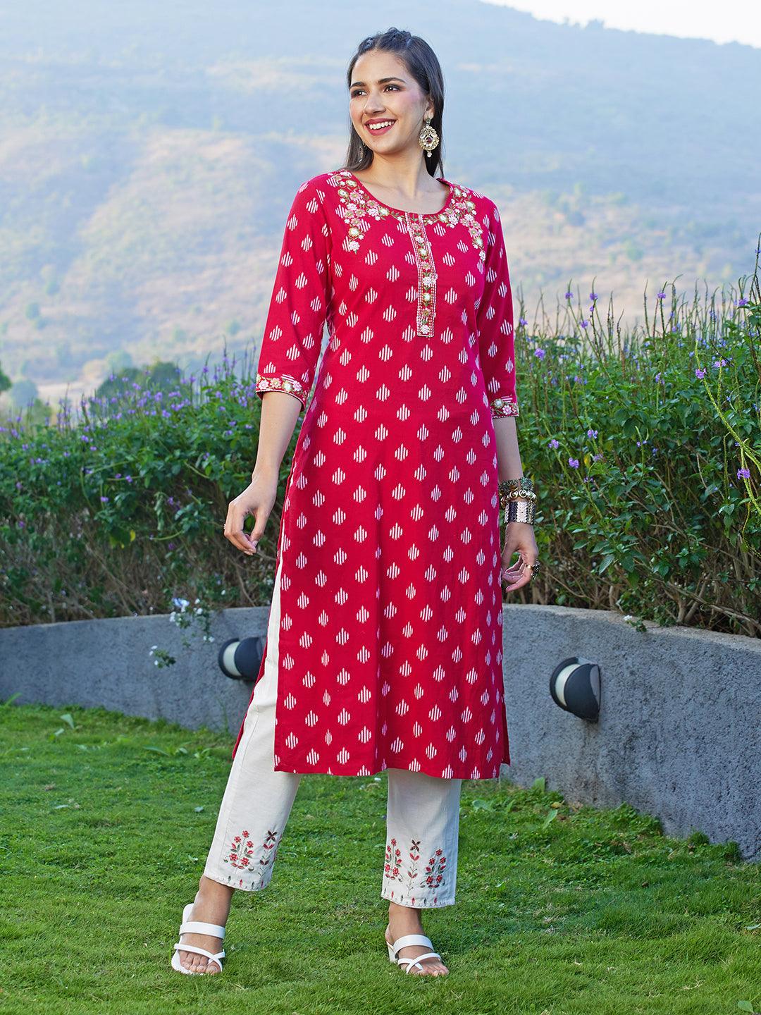 Ikat Printed & Floral Embroidered Straight Fit Kurta - Dark Red - Indiakreations