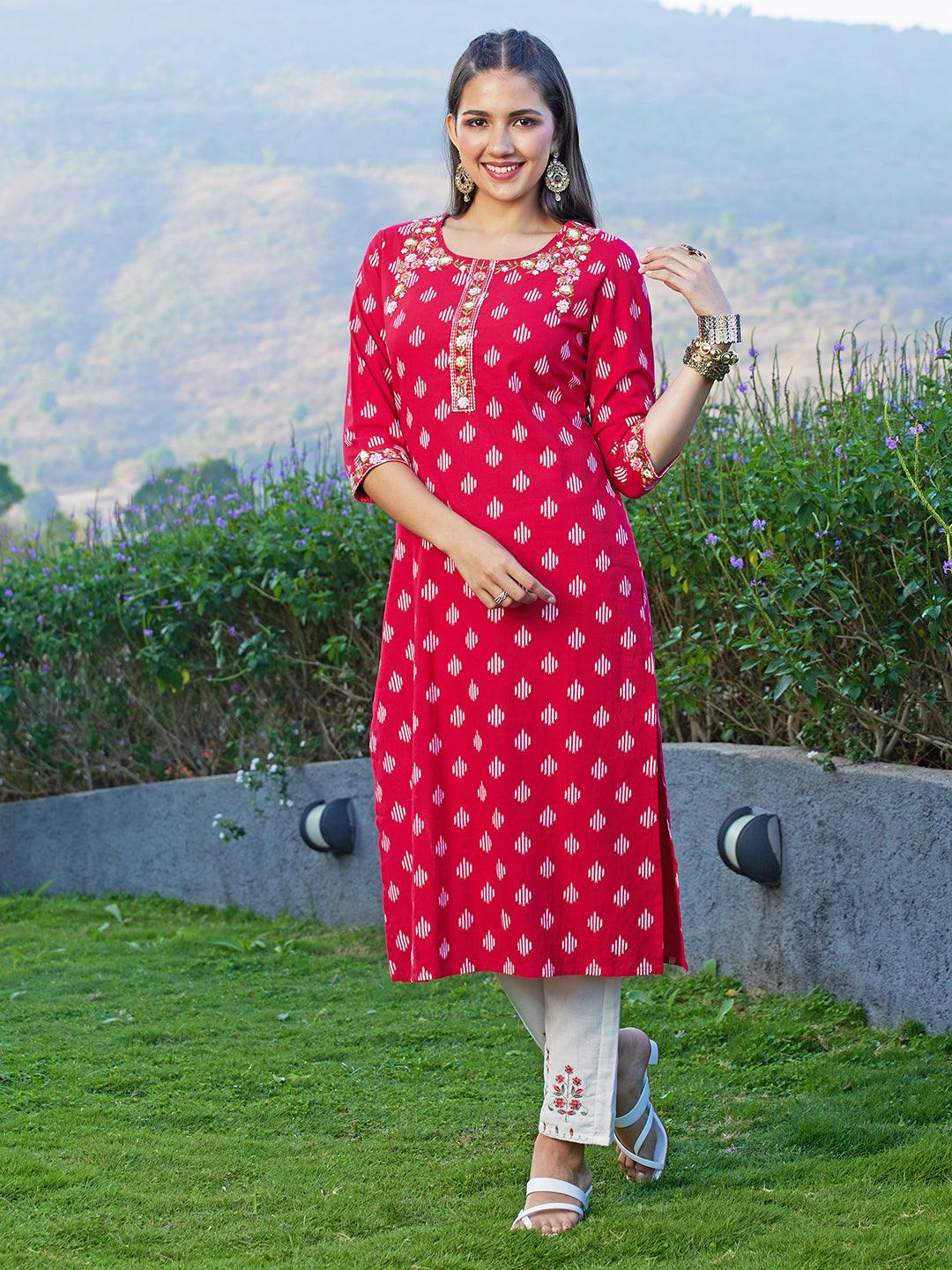 Ikat Printed & Floral Embroidered Straight Fit Kurta - Dark Red - Indiakreations