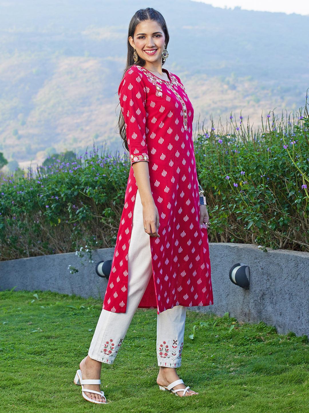 Ikat Printed & Floral Embroidered Straight Fit Kurta - Dark Red - Indiakreations