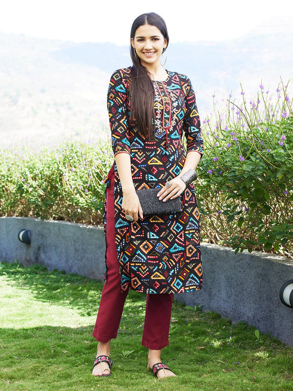 Geometric Printed & Embroidered Straight Fit Kurta – Multi - Indiakreations