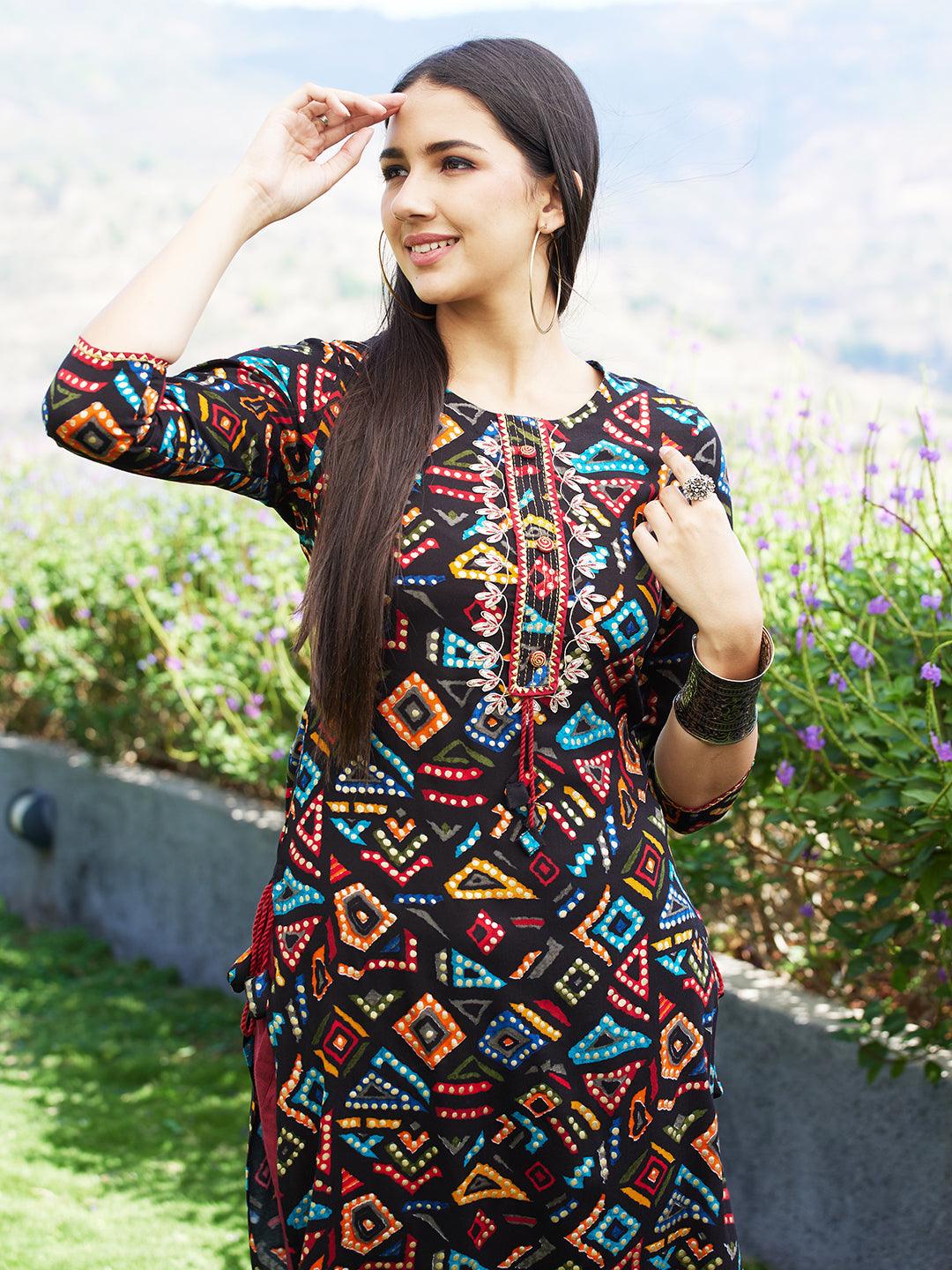 Geometric Printed & Embroidered Straight Fit Kurta – Multi - Indiakreations