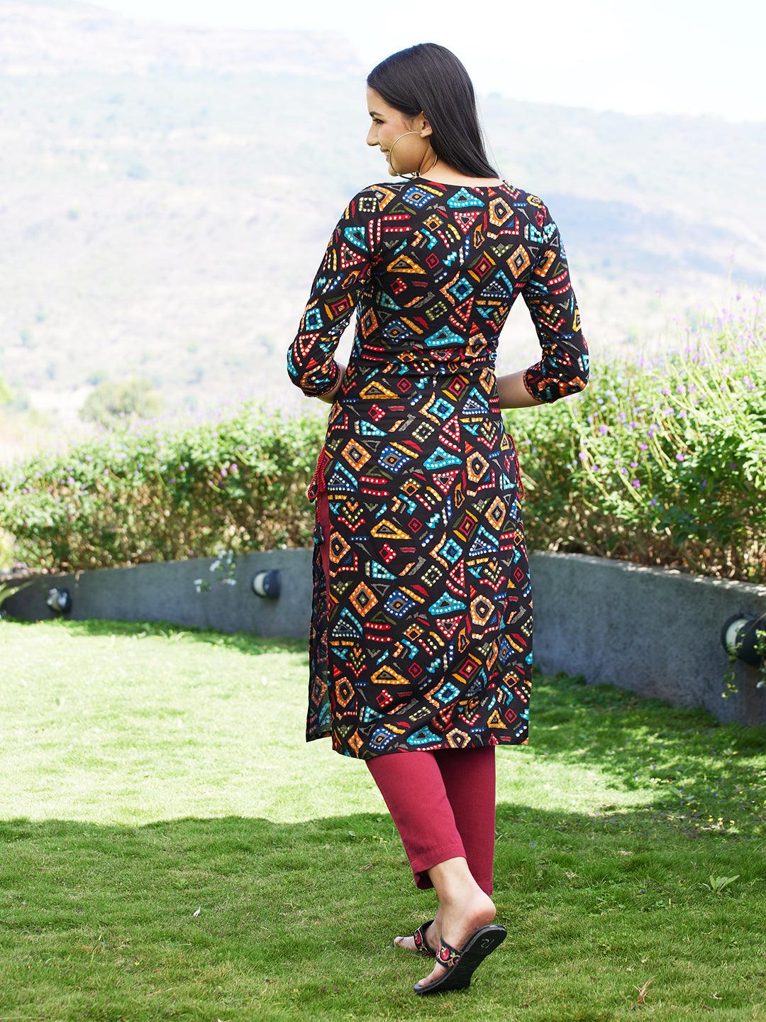 Geometric Printed & Embroidered Straight Fit Kurta – Multi - Indiakreations