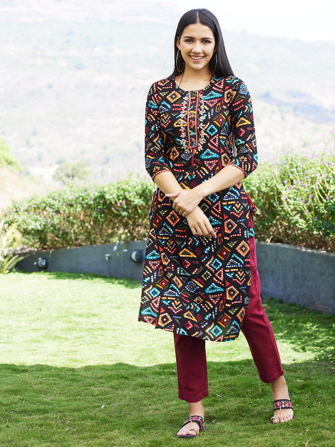 Geometric Printed & Embroidered Straight Fit Kurta – Multi - Indiakreations