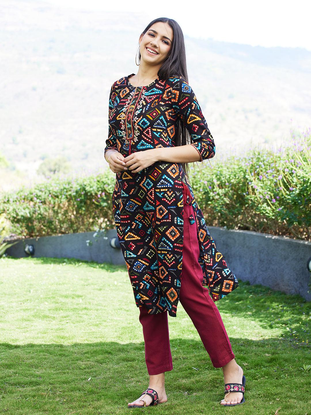 Geometric Printed & Embroidered Straight Fit Kurta – Multi - Indiakreations