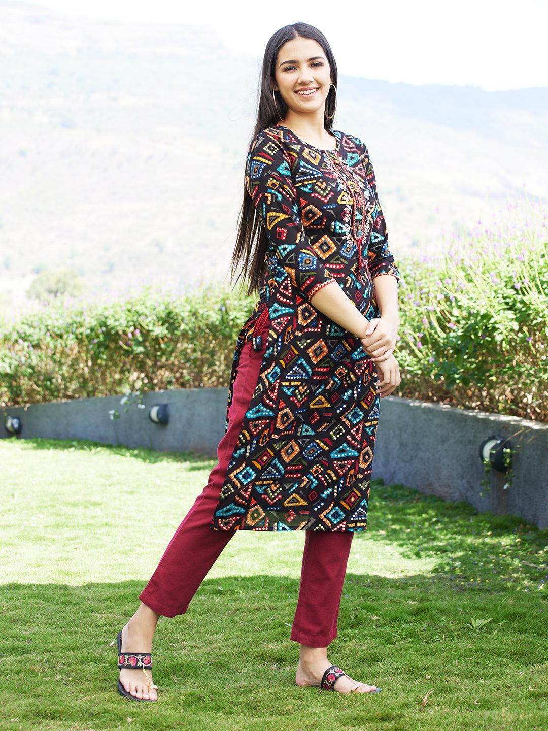 Geometric Printed & Embroidered Straight Fit Kurta – Multi - Indiakreations