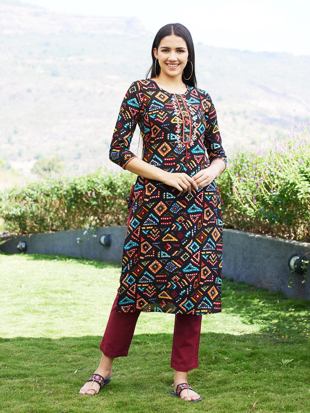 Geometric Printed & Embroidered Straight Fit Kurta – Multi - Indiakreations