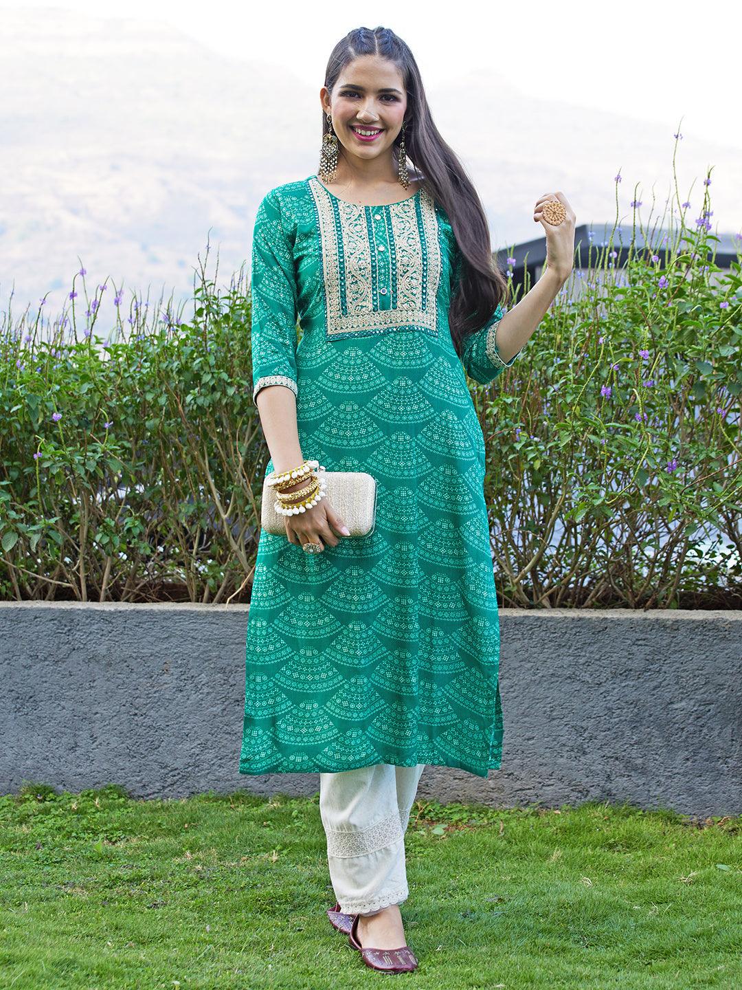 Ethnic Printed Mirror & Resham Embroidered Kurta - Green - Indiakreations