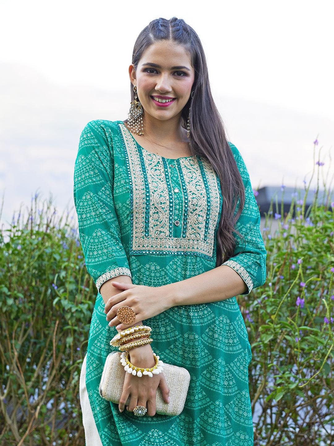 Ethnic Printed Mirror & Resham Embroidered Kurta - Green - Indiakreations