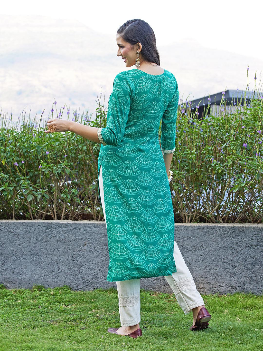 Ethnic Printed Mirror & Resham Embroidered Kurta - Green - Indiakreations