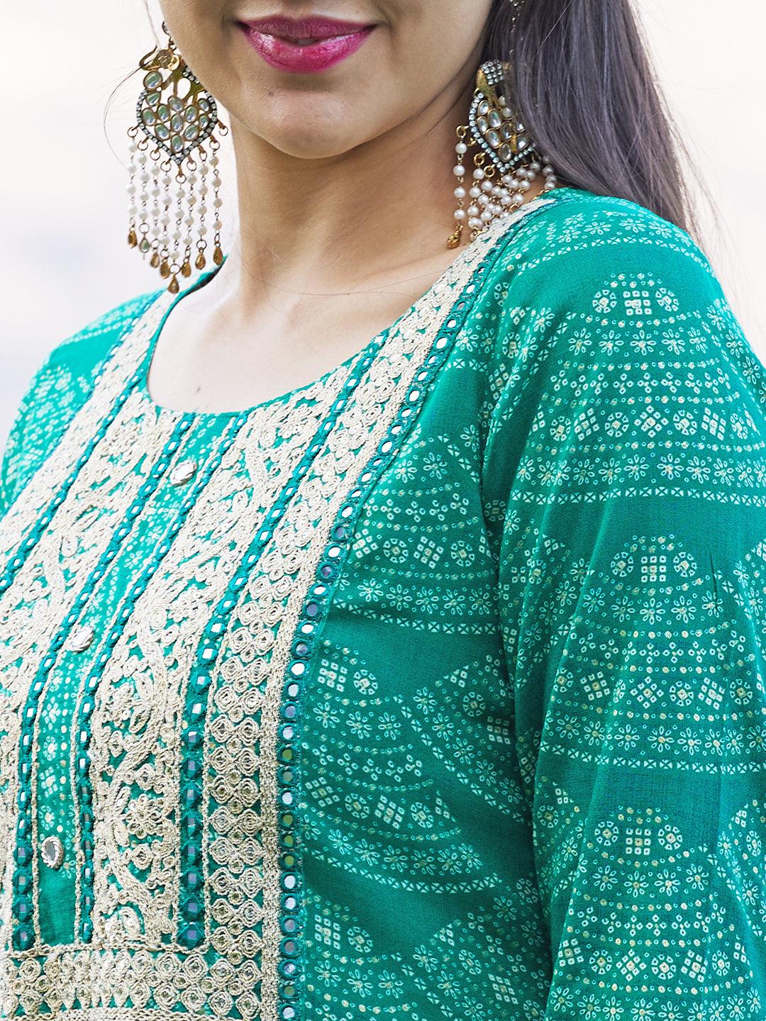 Ethnic Printed Mirror & Resham Embroidered Kurta - Green - Indiakreations