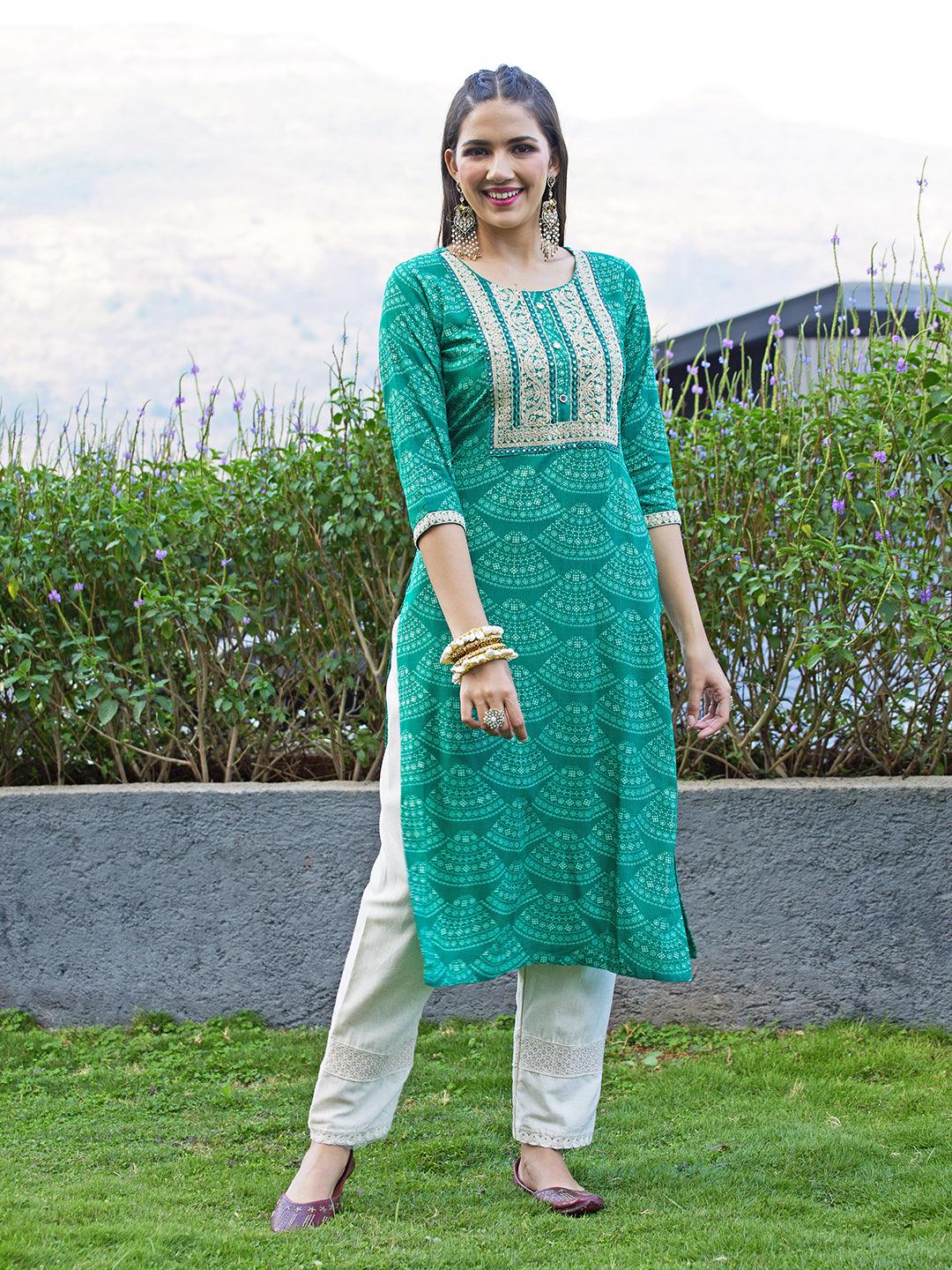 Ethnic Printed Mirror & Resham Embroidered Kurta - Green - Indiakreations