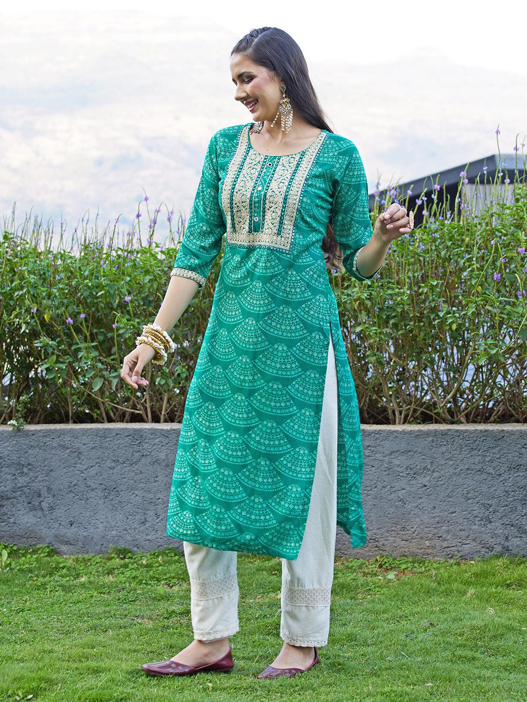 Ethnic Printed Mirror & Resham Embroidered Kurta - Green - Indiakreations