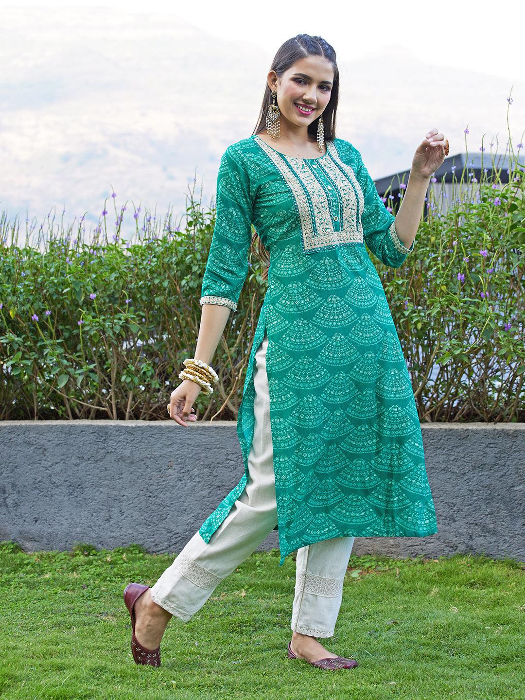 Ethnic Printed Mirror & Resham Embroidered Kurta - Green - Indiakreations